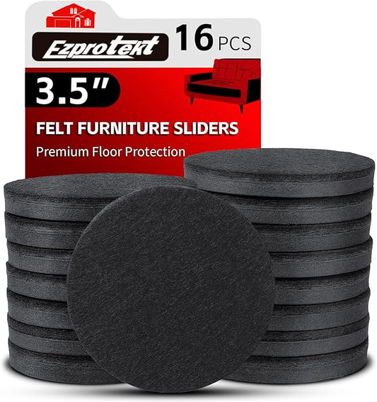 Ezprotekt 3.5" Felt Furniture Movers Sliders for Hardwood & Vinyl Floors, 16 Pcs Round Reusable Felt Furniture Moving Pads for Heavy Duty Sofa Bed Couch Cabinet, Move Items and Quickly (Black)