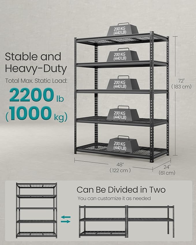 SONGMICS 5-Tier Storage Shelves, Heavy-Duty Garage Shelving, Adjustable Shelving Unit, Steel Shelf, Boltless Assembly, for Garage, Shed, 2,200 lb Load, 24 x 48 x 72 Inches, Ink Black UGLR454B01
