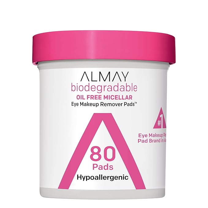 Almay Biodegradable Makeup Remover Pads, Micellar Gentle, Hypoallergenic, Fragrance-Free, Dermatologist & Ophthalmologist Tested, 80 Count