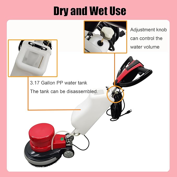 Floor Scrubber Buffer Heavy Duty Polisher Machine Polished Waxed Refurbished Tile Scrubber Cleaner Wood Marble Cement Pavement Epoxy Rubber Carpet Red Commercial Industrial Domestic