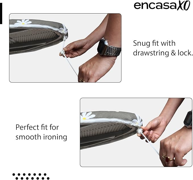 Encasa XO Ironing Board Cover and Pad 42"x14" - Thick 3mm Felt Padding, Drawstring Tightening & Lock, Easy Fit, Scorch & Stain Resistant, Fits Medium Ironing Board - White Tiles