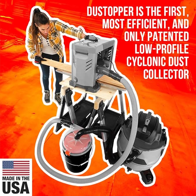The Dustopper PRO, Low-Profile Dust Separator for Shop Wet/Dry Vacuums. Includes High-Flow 90 Degree Sweep Elbows and Connection Hose. Fits Standard 5 Gallon Buckets, Made in USA