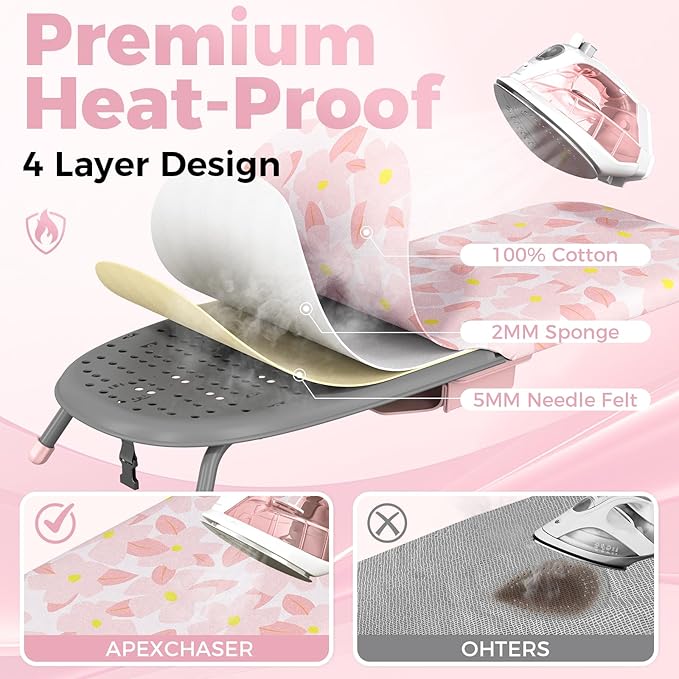 APEXCHASER Small Ironing Board with Iron Holder, Compact Iron Board with Non-Slip Feet, Portable Tabletop Ironing Board with Cotton Cover for Small Spaces and Travel, Pink