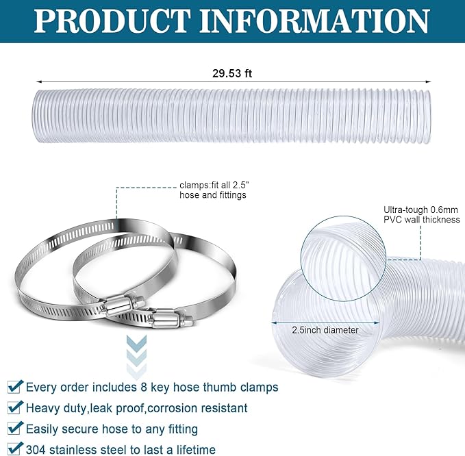 2.5 inches 30 ft PVC Dust Collection Hose with Stainless Steel Clamps Set Flexible Clear Vacuum Puncture Resistant Fume Hose for Vacuums Cleaner Fume Dust Collection System