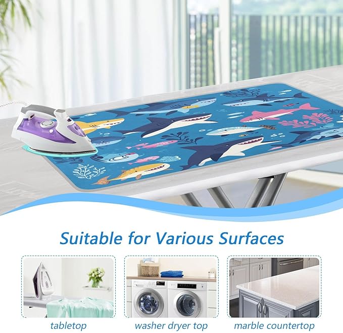 Sharks Fishes and Seaweed Blue Ironing Mat Thickened Ironing Blanket Travel Portable Double-Side Using Ironing Pad Travel Isolate Heat Pad Cover for Washer Dryer Table Top Countertop 27.6x47.2i