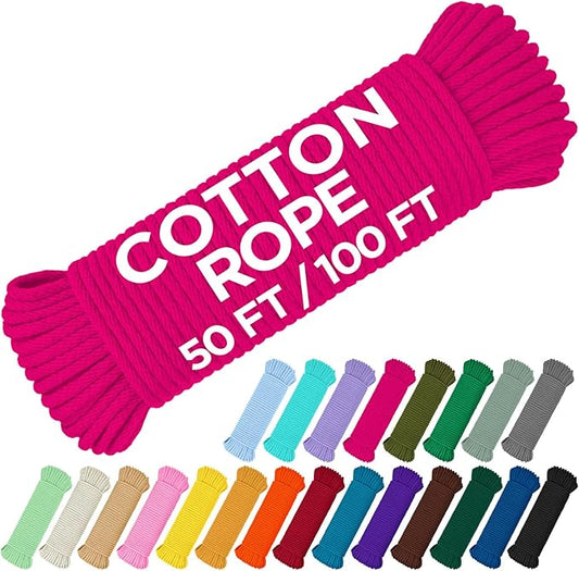 TECEUM Cotton Rope 3/16” (5 mm) – 100 FT – Strong All-Purpose Braided Rope – Natural Cotton – for Crafting, Сamping, Clothes Line, DIY, Indoor & Outdoor Use – Bright Pink