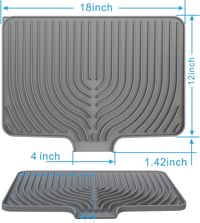Dish Drying Matt for Kitchen Counter,18"×12"Silicone Dry Rack Mat with Built in Drain, Kitchen Dry Mats for Dishes Drying Pad for Counter(gray)