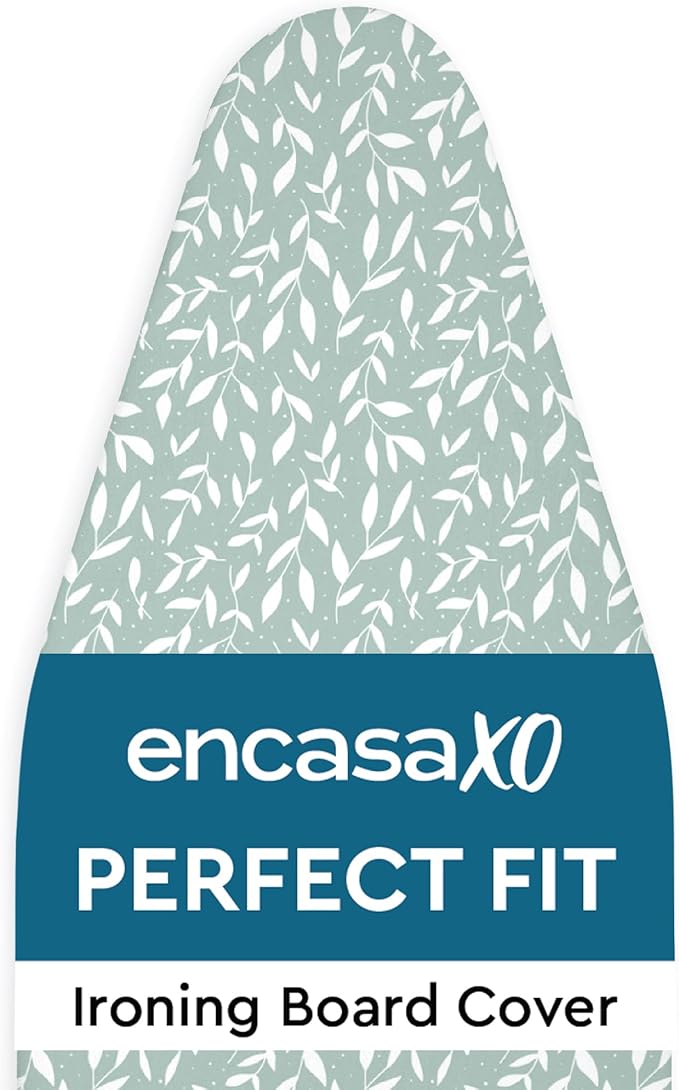 Encasa XO Ironing Board Cover and Pad 42"x14" - Thick 3mm Felt Padding, Drawstring Tightening & Lock, Easy Fit, Scorch & Stain Resistant, Fits Medium Ironing Board - Green Leaflet