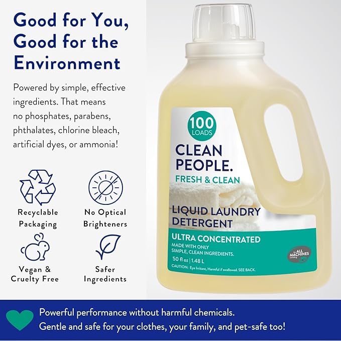 The Clean People Liquid Laundry Detergent - Recyclable Packaging, Stain Fighting - Ultra Concentrated, Laundry Soap - Fresh Scent, 50 fl oz