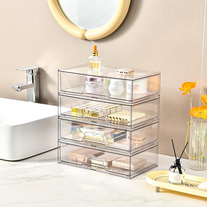 5 Pack Makeup Organizer Stackable, 12.1''L Bathroom Organizer and Storage Acrylic Undersink Drawer Organizer, Cosmetics and Beauty Supplies,Clear Plastic Storage Bins for Vanity,Pantry,Cabinet,Kitchen