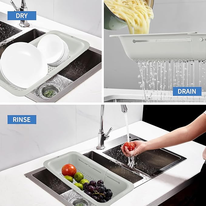 LASSHSWA Collapsible Colander and Strainer for Kitchen, Over the Sink Strainer Basket for Kitchen, Fruit Pasta Food Strainer Expandable Plastic Colander with A Sink Drain Strainer Stainless Steel