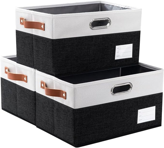 PRANDOM Foldable Storage Bins with Handles [3-Pack] Fabric Collapsible Storage Boxes Baskets Cubes Containers with Handles for Closet Living Room Bedroom (Black & White 14.9x9.8x8.3'')