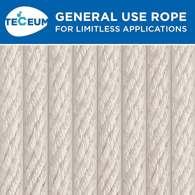 TECEUM 500lb Cotton Rope 3/16” (5 mm) – 100 FT – Strong All-Purpose Braided Rope – Natural Cotton – for Crafting, Сamping, Clothes Line, DIY, Indoor & Outdoor Use – Natural