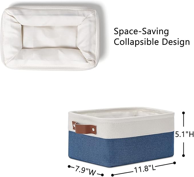 DULLEMELO Set of 6 Small Baskets for Organizing, Small Fabric Storage Bins for Toys Storage, Collapsible Storage Bins with Leather Handles for Shelves, Closets, Laundry, Nursery(White&Blue)