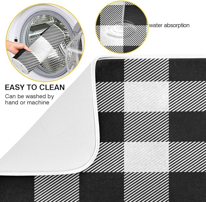White and Black Buffalo Plaid Dish Drying Mat 18x24 for Kitchen Classic Buffalo Check Dishes Pad Dish Drainer Rack Mats Absorbent Fast Dry Kitchen Accessories