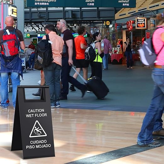 Kigley 2 Pcs Wet Floor Sign, 17 Inch Stainless Steel Caution Wet Floor Sign Double Sided Portable Foldable Bilingual Safety Warning for Hotel Market Restroom Restaurant Office (Black)
