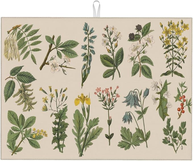 Vintage Color Plants Herbs Floral Microfiber Dish Drying Mat For Kitchen Countertop Xl Absorbent Reversible Drainer Rack Pad Extra Large 18 X 24 Inch