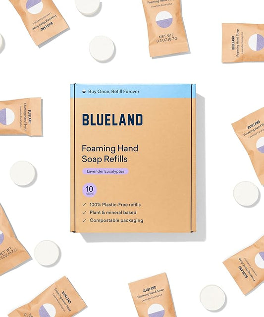 BLUELAND Foaming Hand Soap Refill Tablets, 10-Pack, Lavender Eucalyptus Scent, Eco Friendly Cleaning Products, 10 x 9 Fl oz