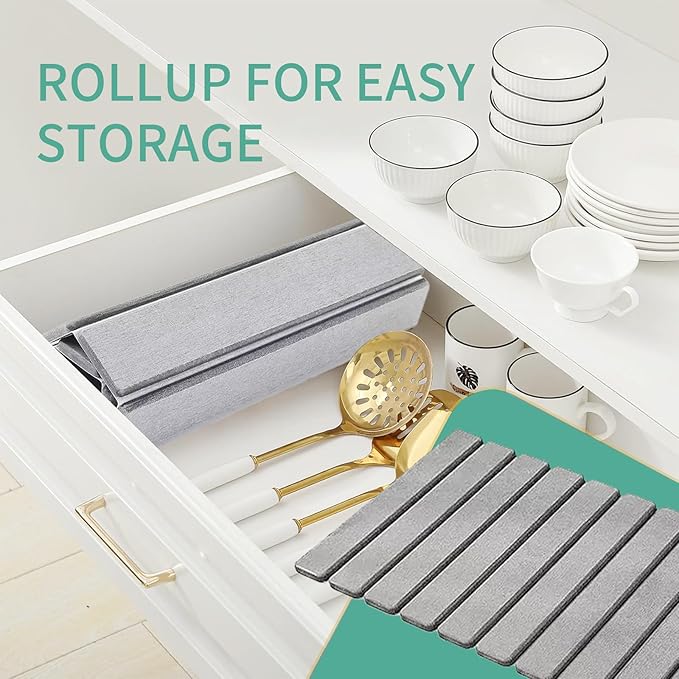 Stone Drying Mat for Kitchen Counter, Collapsible Dish Drying Mat, Fast Drying Diatomaceous Earth Dish Drying Mats, Water Absorbent Diatomite Kitchen Mat (grey, small)