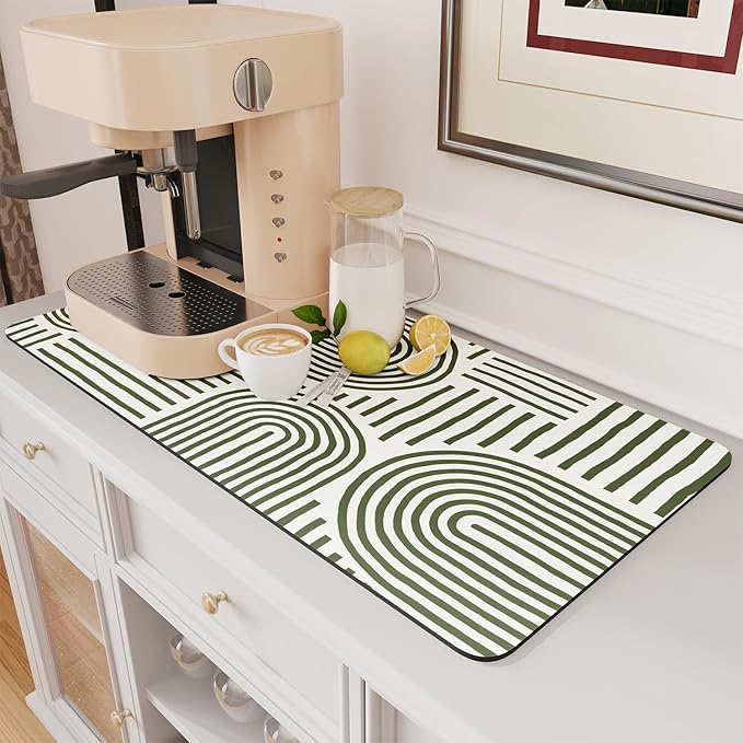 AMOAMI Coffee Mat Hide Stain Rubber Backed Absorbent Dish Drying Mat for Kitchen Counter - Fits Under Coffee Maker or Machine - Green Line 17x31.5