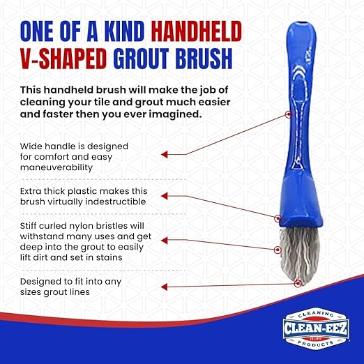 Clean-eez Grout-eez Tile Cleaner with Handheld Brush – 32 oz Heavy-Duty Stain Remover for Ceramic and Porcelain Surfaces – Safe for Colored Grout – Not for Natural Stone – Bathroom & Kitchen Use