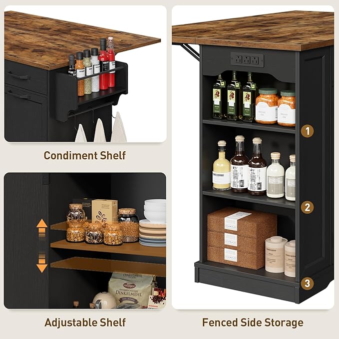 Kitchen Island with Power Outlet & Drop Leaf, Rolling Storage Cart with Trash Storage Cabinet, Farmhouse Mobile Island Table for Kitchen, Dining Room, Hidden Casters, Black and Rustic Brown