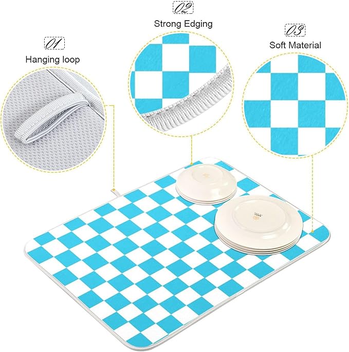 Turquoise Chessboard Dish Drying Mat for Kitchen Countertop 18x24 Teal Plaid Checkered Rectangle Large Drying Mat Reusable Quick Dry Dish Sink Absorbent Mats Easy Clean Decorative Home Essentials
