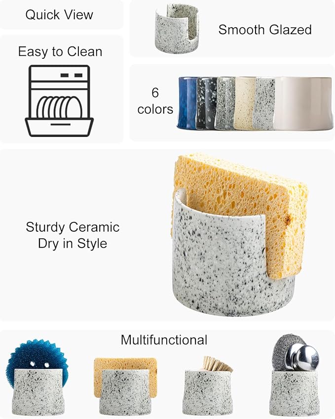 Kitchen Sink Sponge Holder, Dish Sponge Rack Ceramic Brush Holder Farmhouse Kitchen Dish Rack for Brush, Scrubbers, Bathroom, Sink, Speckled Glaze