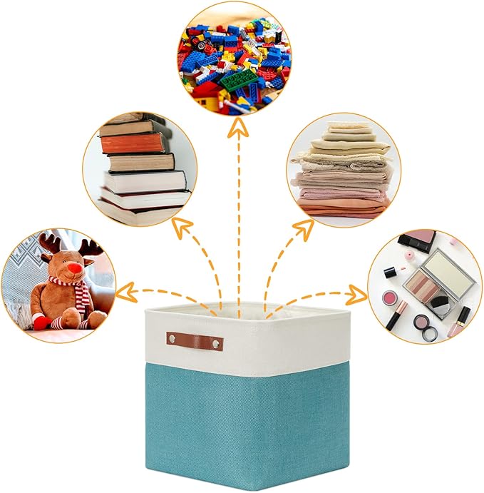 DULLEMELO Square Storage Cubes Baskets for Gifts Empty, 12 inch Cube Stroage Bins Linen Closet Organizers and Storage Baskets for Toy Nursery Shelves Bedroom Storage(4 Pack - 12" White&Teal)