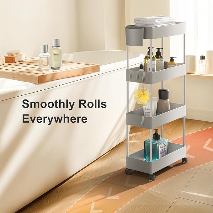 Pipishell Slim Storage Cart with Wheels, 4 Tier Bathroom Storage Organizer Rolling Utility Cart for Bathroom Kitchen Laundry Room Office Narrow Place (Gray)