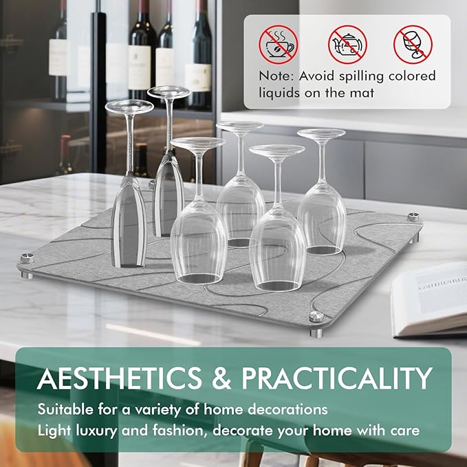 Stone Drying Mat For Kitchen Counter Superb Absorbent Diatomaceous Earth Mats with Non-Slip Feet Quick Dry Stone Dish Drying Pad Dish Pad Multi-Purpose(Flow Line-MediumGray, 15.7" x 11.8")