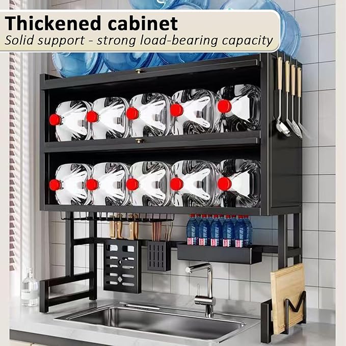 Dish Drying Rack 4 Tiers with Cover, Keep Kitchen Sink Shlef Organized Space-Saving Dish Drying Rack, Large Drying Rack for Dishes, Glasses, Bowls, Cutlery (Black, W-25.6)