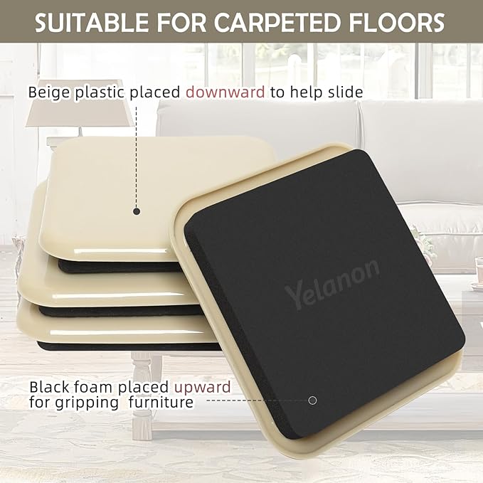 Yelanon Furniture Sliders, 20 pcs-3 1/2” Square Beige Furniture Sliders for Carpet, Furniture Pads for Hardwoods Floors，Furniture Movers Sliders, Reusable Moving Pads, Floor Protectors for Carpet