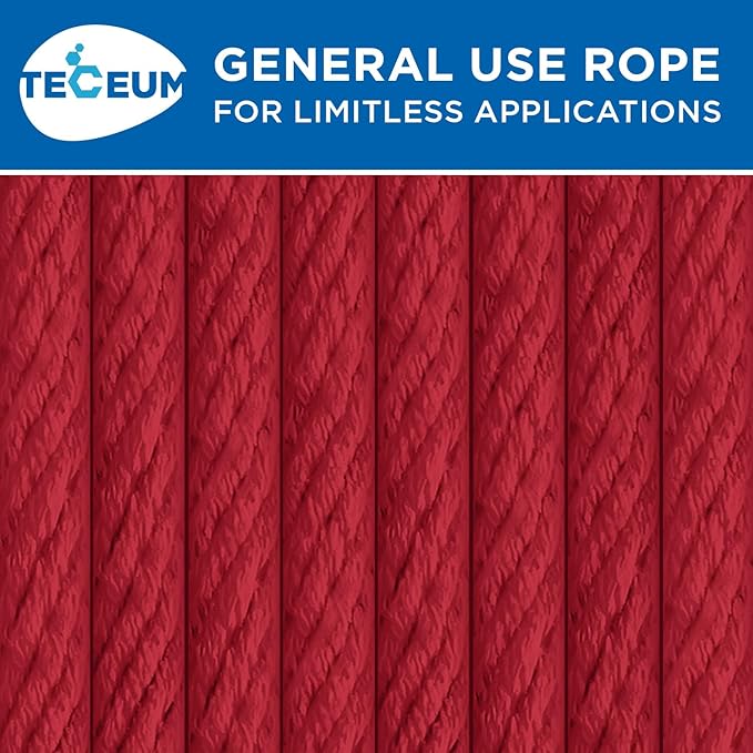 TECEUM Cotton Rope 3/16” (5 mm) – 100 FT – Strong All-Purpose Braided Rope – Natural Cotton – for Crafting, Сamping, Clothes Line, DIY, Indoor & Outdoor Use – Red