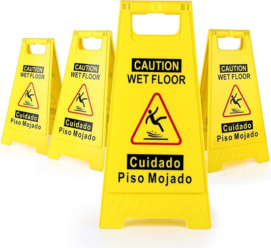 4-Pack Caution Wet Floor Sign,17.5" Height,Bright Yellow Double-Sided Folding A-Shaped Frame Design, Bilingual Caution Message
