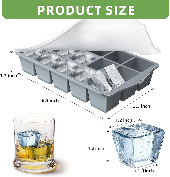 Silicone Ice Cube Tray, 2 Pack Easy-Release Stackable Ice Trays for Freezer with Lid 15 Reusable Cubes, Food Grade BPA Free Ice Molds for Whiskey, Baby Food, Coffee, Cocktail, Drinks (Grey)