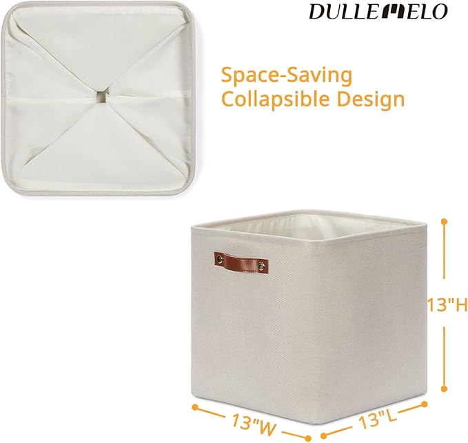 DULLEMELO Storage Bins, 4 Pack Of 13x13x13 Decorative Storage Cube Bins Suit Office, Home, Shelves And Closet, Cube Storage Bin with Leather handle(4 Pack - 13" Beige)