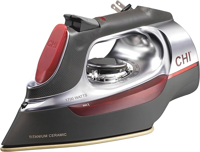 CHI Steam Iron for Clothes with 8’ Retractable Cord, 1700 Watts, 3-Way Auto Shutoff, 400+ Holes, Professional Grade, Temperature Control Dial, Titanium Infused Ceramic Soleplate, Silver (13106)