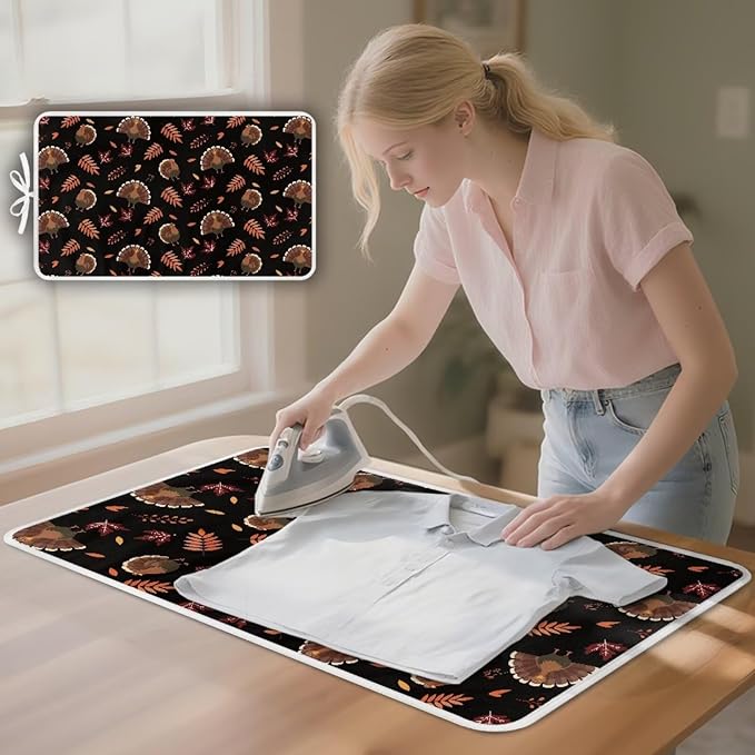 Cute Ironing Mat for Table top Washer,Dryer,Countertop,Turkey Portable Iron Pad Blanket for Washer Dryer Countertop Travel 32 x 16 Inch Thanksgiving Small Ironing Pads, Black