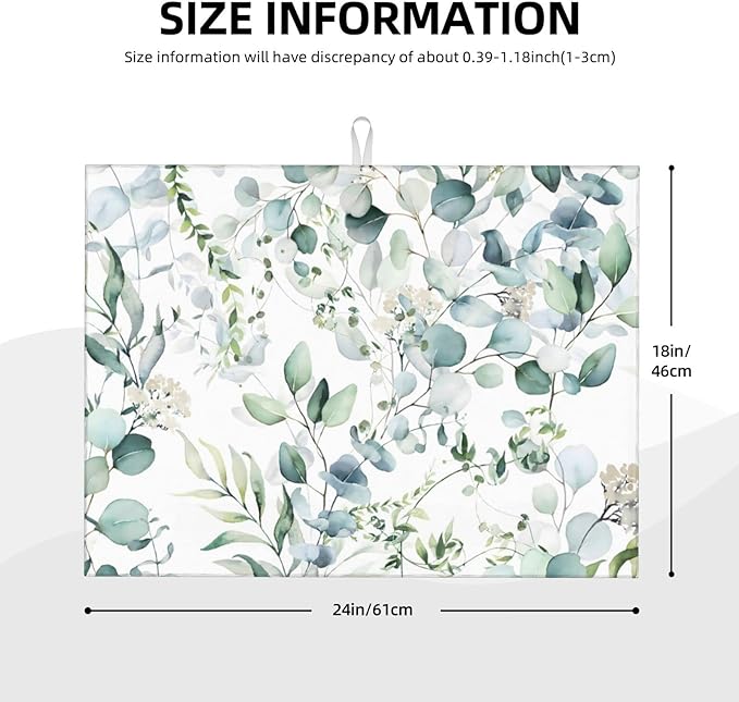Green Floral Leaf Dish Drying Mat For Kitchen Counter 18 X 24 Inch Absorbent Dish Mat Reversible Drainer Drying Kitchen Mat