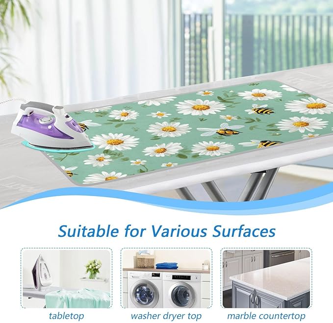 Ironing Mat Portable Ironing Pad Ironing Blanket for Table Top Heat Resistance Double-Side Using Travel Large 47.2 x 27.6 Inch Foldable Lightweight Mint Green Daisy Flowers and Bees