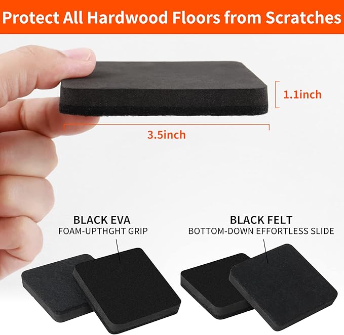 Ezprotekt 3.5" Felt Furniture Movers Sliders for Hardwood & Vinyl Floors, 16 Pcs Square Reusable Felt Furniture Moving Pads for Heavy Duty Sofa Bed Couch Cabinet, Move Items and Quickly (Black)