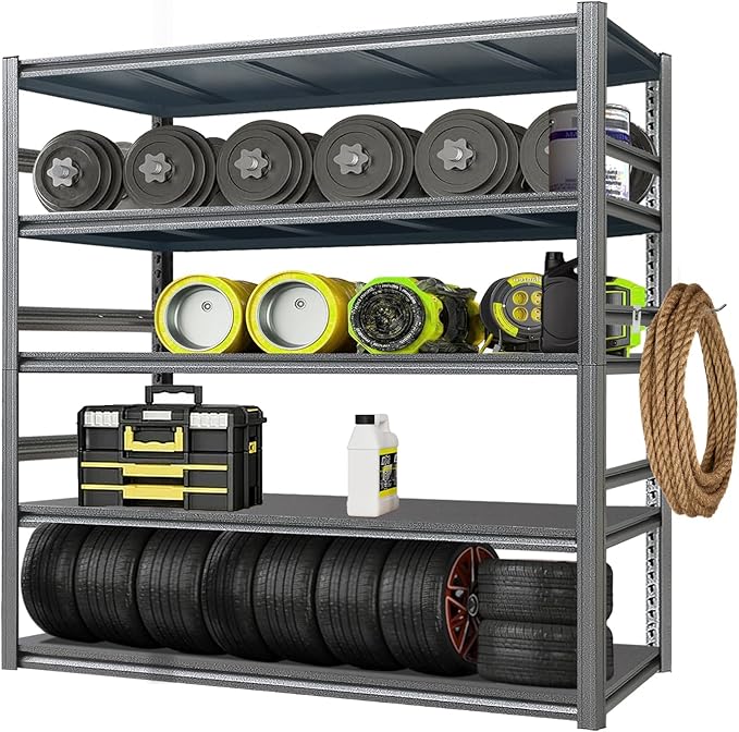 Storage Shelf 5-Tier Garage Shelving, Industrial Shelving with Guardrails, 2500LB Boltless Metal Shelves Heavy Duty for Storage Room, Warehouse, 18" D x 47.2" W x 72" H, Iron Black