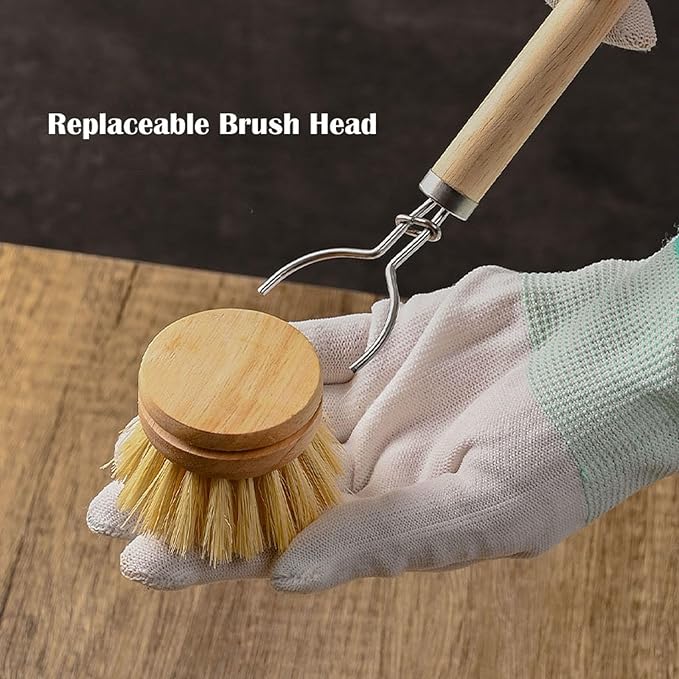 Bamboo Dish Brush with Handle, 1 Sturdy Wooden Handle with 3 Natural Bristle Heads, Horsehair, Sisal, Palm - All Purpose Kitchen Scrubber, Bamboo Wok Brush, Fruit and Veggie Scrubber