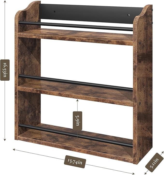 Spice Rack Wall Mounted, Wood 3 Tier Spice Rack for Countertop, Vertical Spice Organizer for Spice Jars and Seasonings, Hanging Spice Shelf for Kitchen Cabinet, or Pantry, Rustic Brown