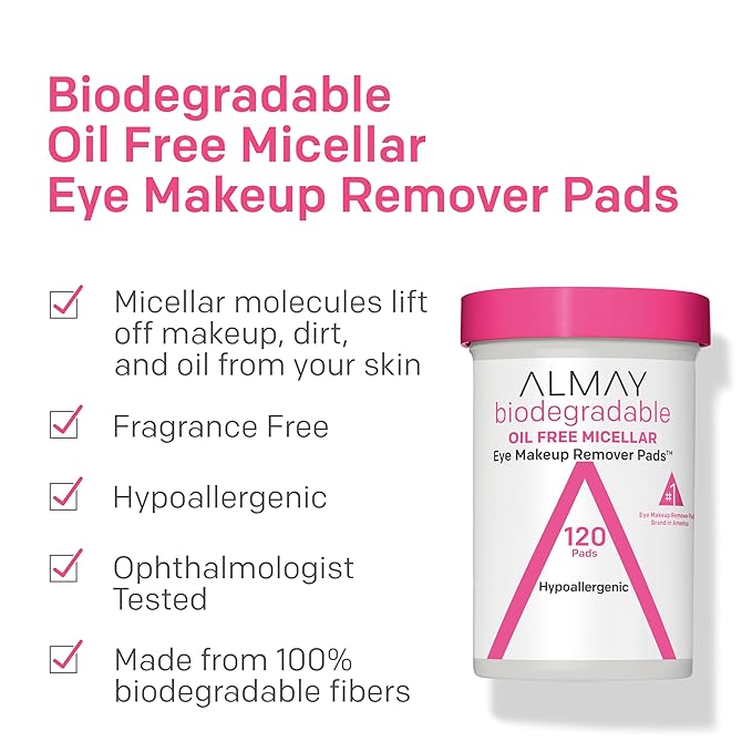 Almay Biodegradable Makeup Remover Pads, Micellar Gentle, Hypoallergenic, Fragrance-Free, Dermatologist & Ophthalmologist Tested, 80 Count