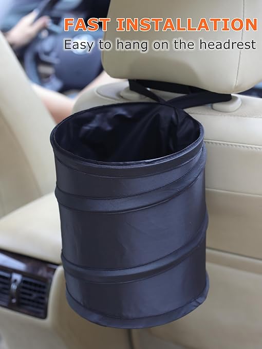 Ginsco 2Packs 2 Gallons New Leakproof Car Trash Can, Compact Trash Can Pop-up Collapsible Hanging Car Trash Bin with Hook and Loop, Waterproof PEVA Liner Open-Top Garbage Can for Cars Home Office