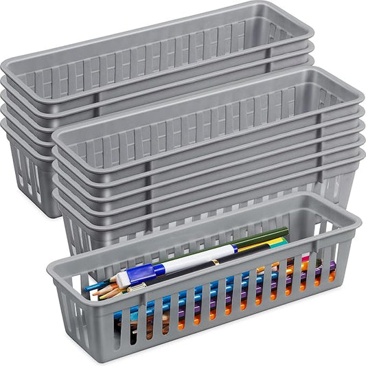 Domensi 12 Pack Slim Plastic Storage Baskets Tray for Organizing 10.25 x 3.25 x 2.5 Inch Small Narrow Storage Bins Stackable Drawer Pencil Trays Holder for Desk Garage Cabinet Containers(Gray)