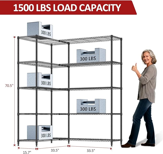 IZEUK Linked Storage Racks, DIY Adjustable Heavy Duty Metal Shelving Unit for Corner, Ideal for Kitchen, Garage, Warehouse, and Garden (Black, 15.7" D x 33.5" W x 70.5" H, 1433 lbs Capacity)