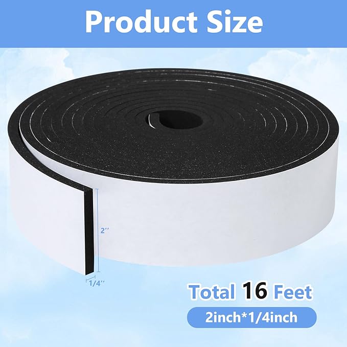 Weather Stripping Door Seal Strip- 2 Inch X 1/4 Inch X 16Feet, Strong Adhesive, Lightproof, Soundproof, Weatherproof Foam Tape Insulation for Sliding Door, Front Door Frame, Windows- Black